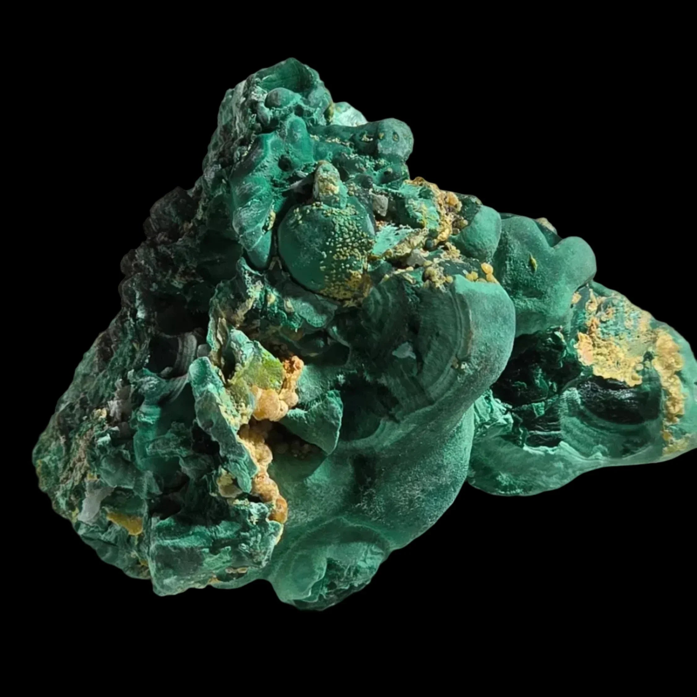 Malachite mineral specimen with vibrant green botryoidal formations and yellow accents, ideal for collectors