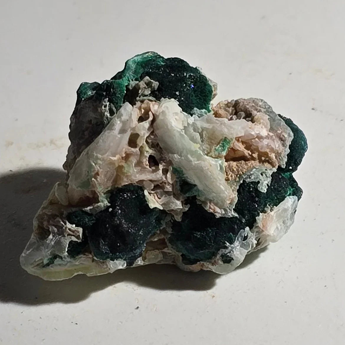 Malachite with white calcite, mineral specimen from Congo, vibrant green and white crystal formation