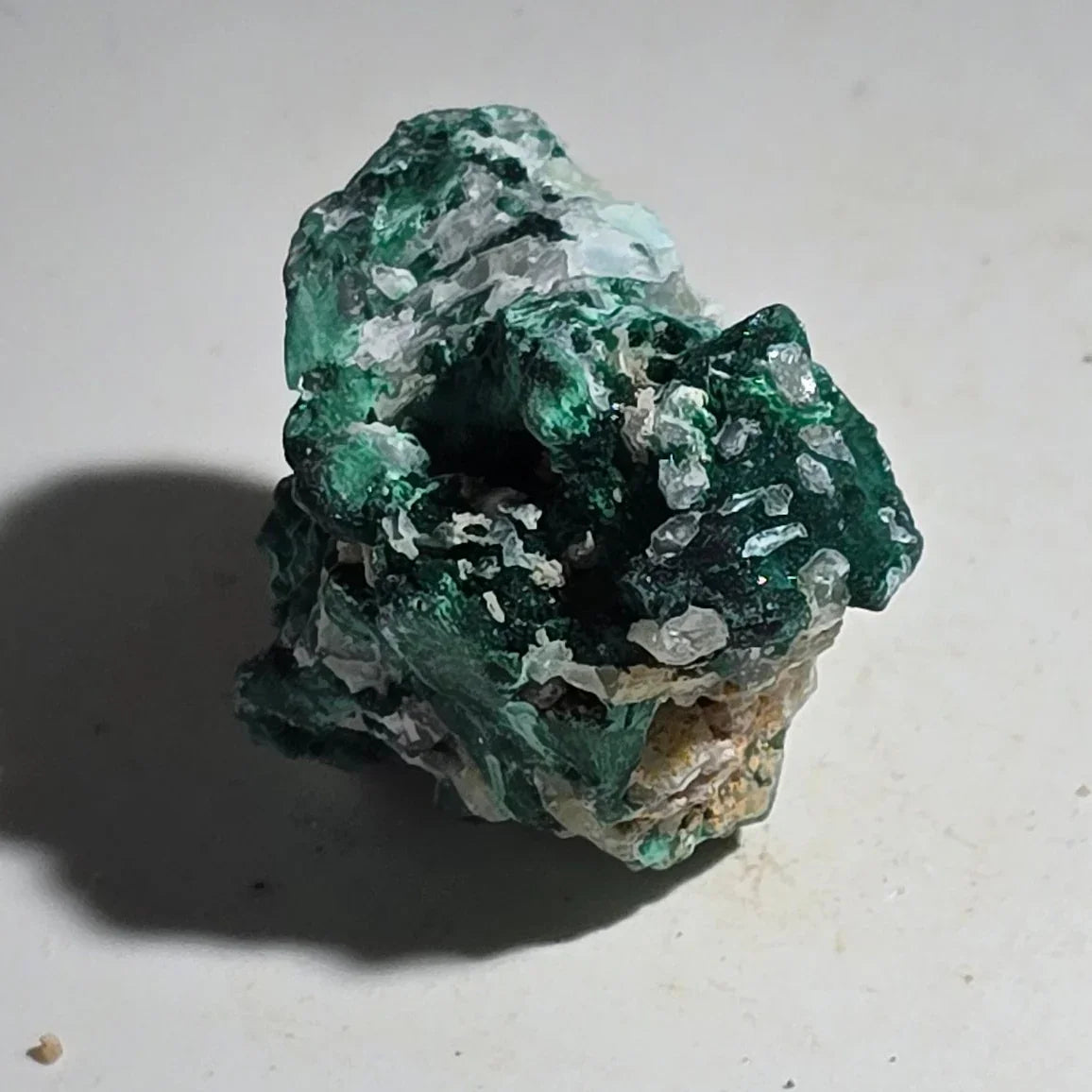 Malachite with quartz crystals, vibrant green mineral specimen from classic locality