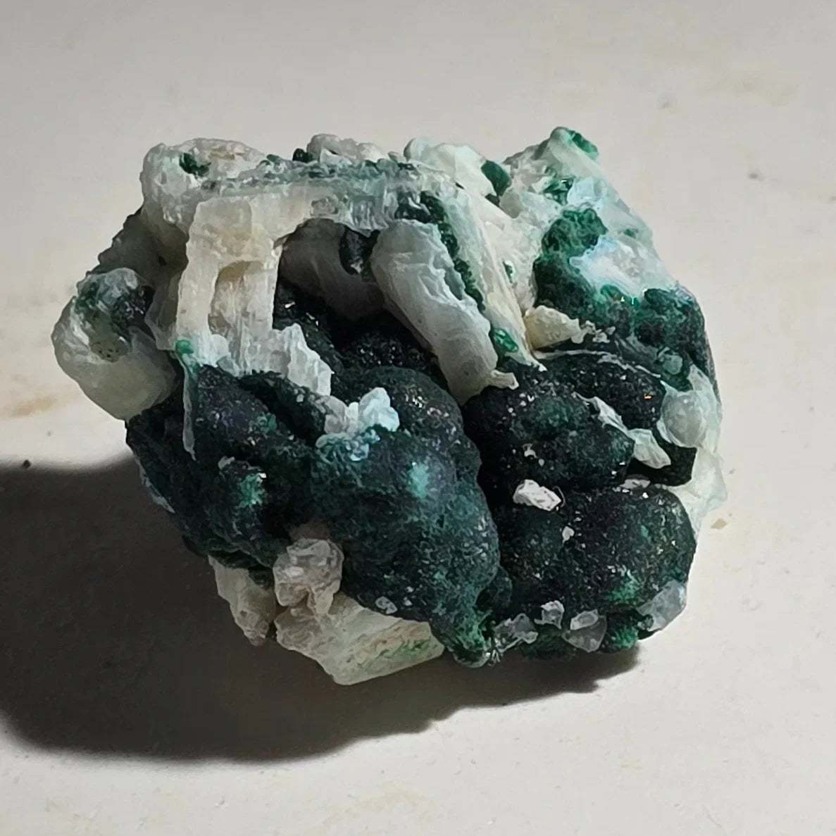 Malachite on Quartz specimen from Congo, vibrant green clusters with white crystal matrix