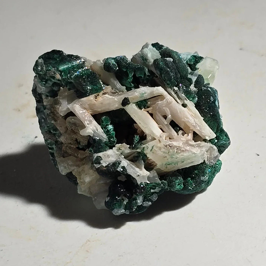 Malachite with Calcite crystals, vibrant green and white mineral specimen for collectors