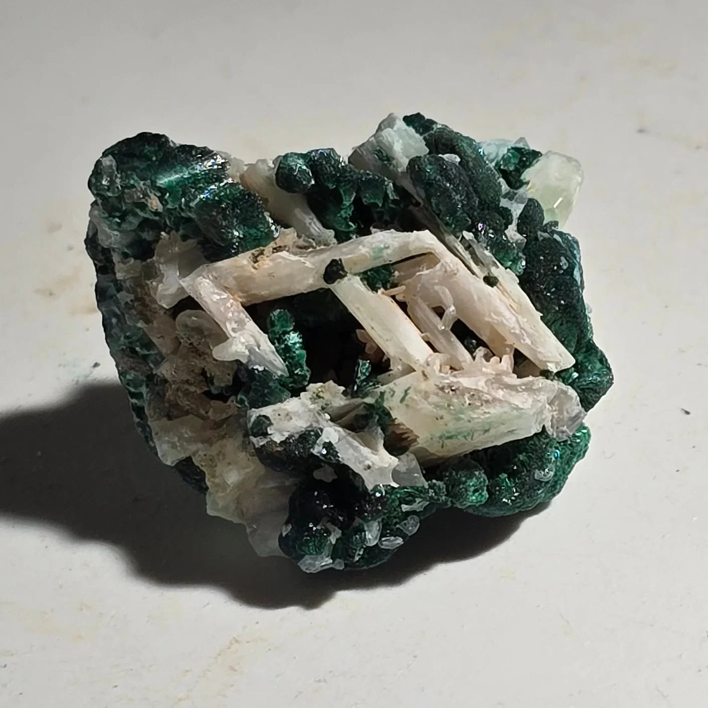 Malachite with Calcite crystals, vibrant green and white mineral specimen for collectors