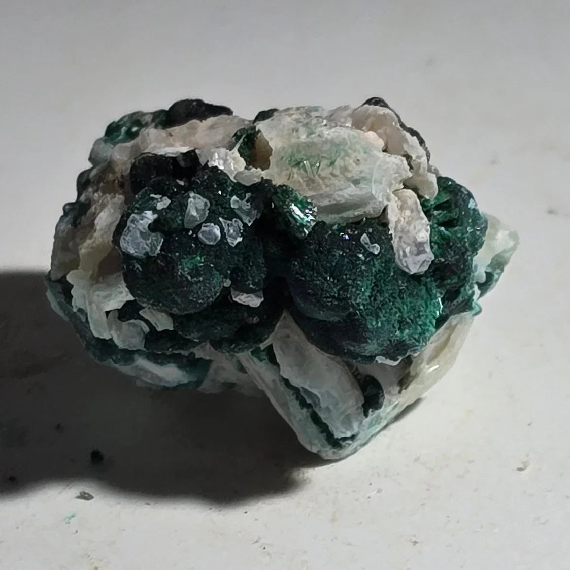 Malachite on Quartz specimen from Congo, vibrant green clusters with white crystal matrix
