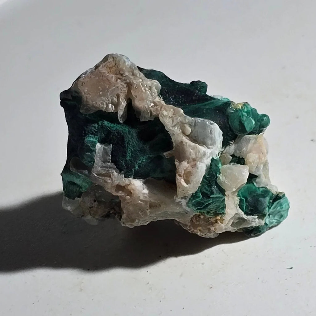 Malachite on Quartz specimen, vibrant green crystals with white matrix, mineral collector's piece