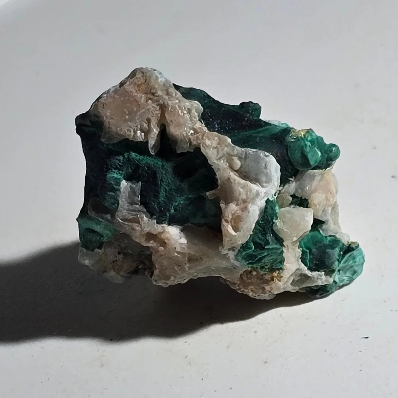 Malachite on Quartz specimen, vibrant green crystals with white matrix, mineral collector's piece