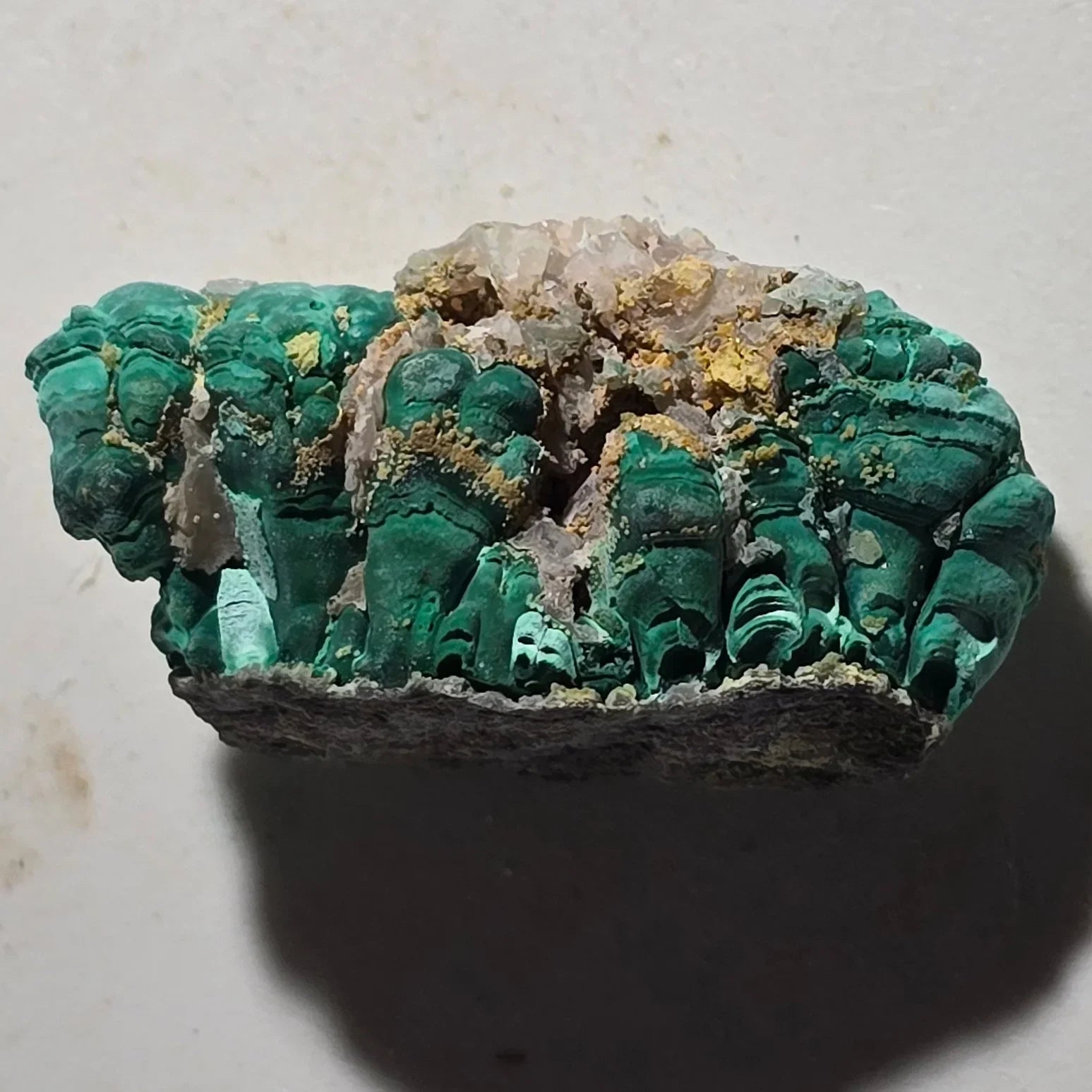 Malachite with quartz and chalcopyrite, vibrant green botryoidal formations on matrix