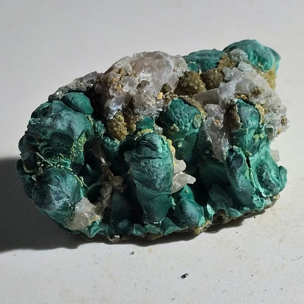 Malachite with Quartz specimen, vibrant green botryoidal formations on white matrix, mineral collector's piece