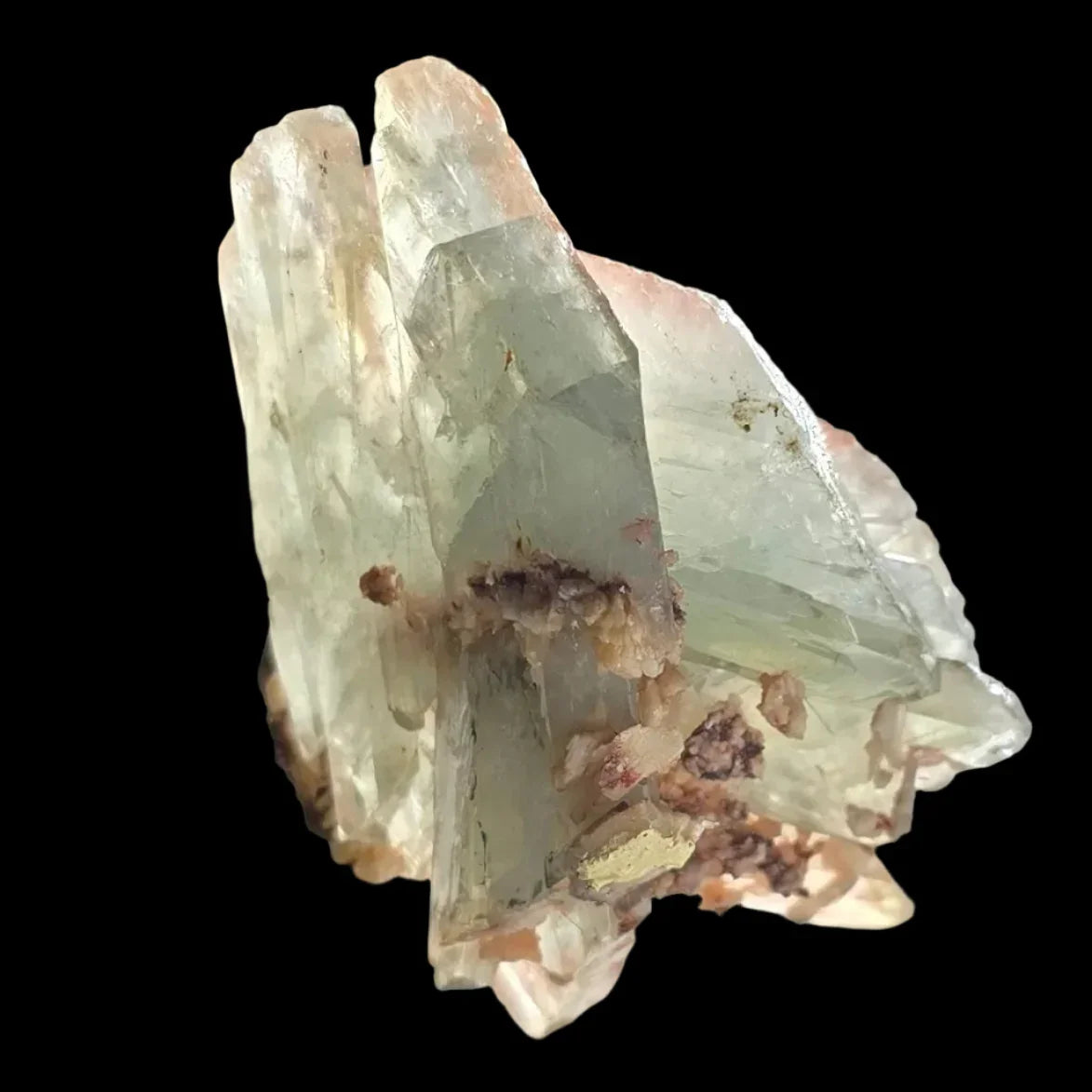 Fluorite crystal specimen with pink matrix from China, translucent green and white mineral formation