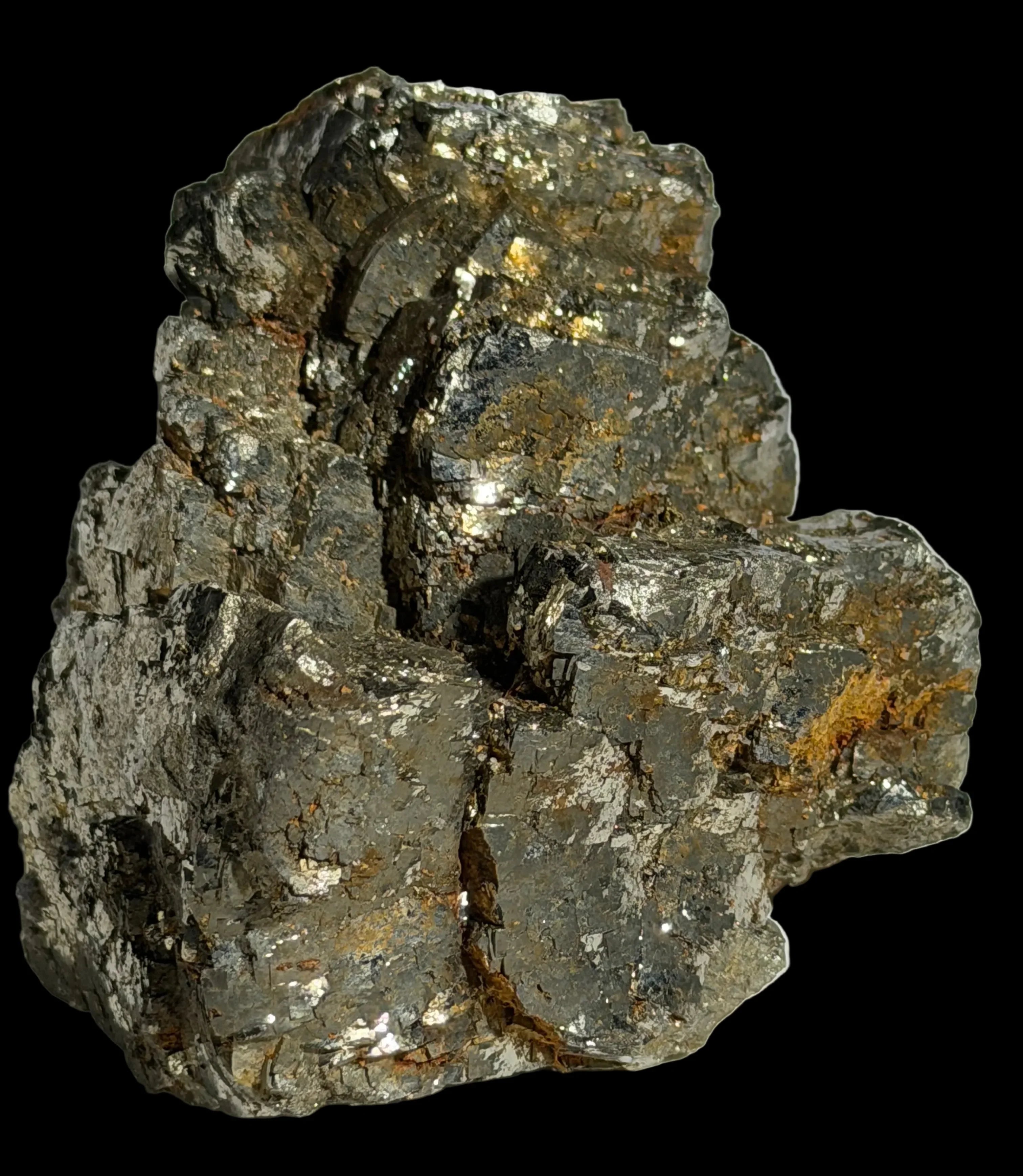 Pyrite mineral specimen with metallic luster and cubic crystals on dark matrix, ideal for collectors
