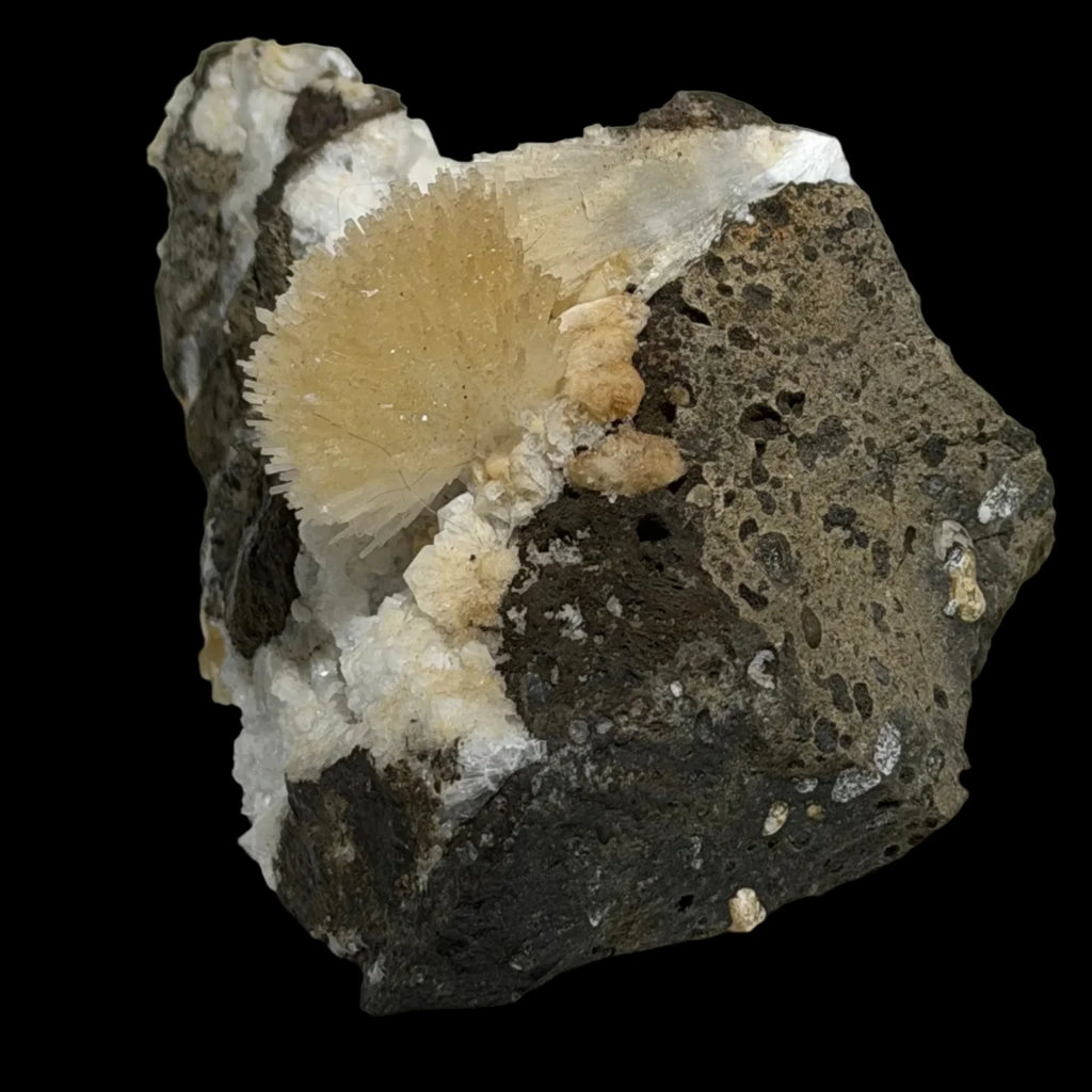Calcite crystal cluster on volcanic rock matrix, natural mineral specimen for collectors