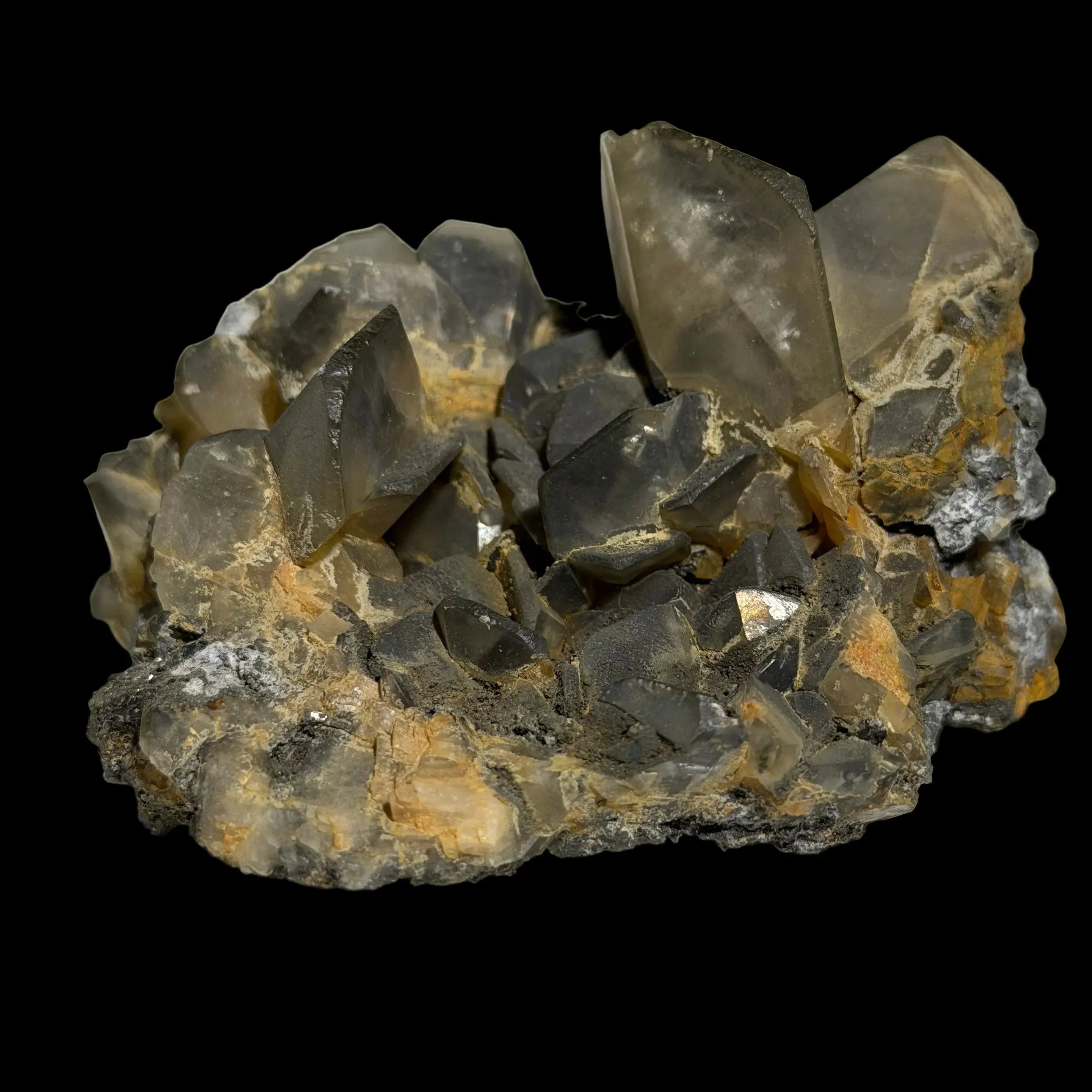 Fluorite crystal specimen with smoky quartz and calcite, classic mineral collection piece