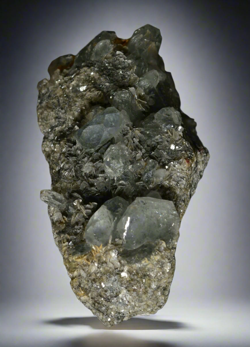 BERYL (TABULAR) VAR AQUAMARINE on MUSCOVITE (MICA) (small cabinet)