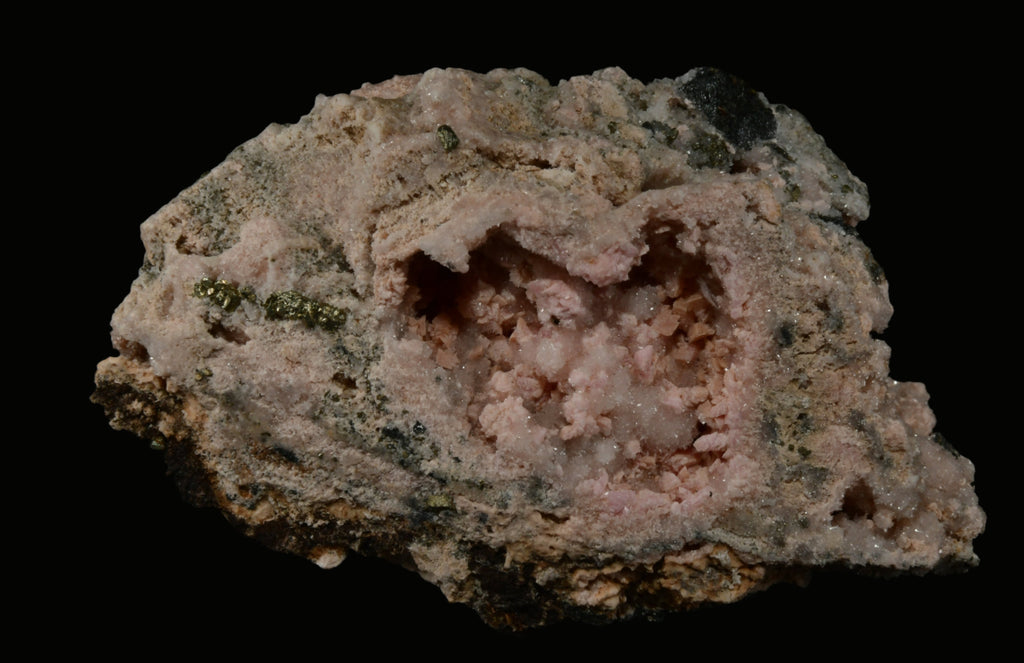 RHODOCHROSITE associated with PYRITE, QUARTZ (small cabinet)