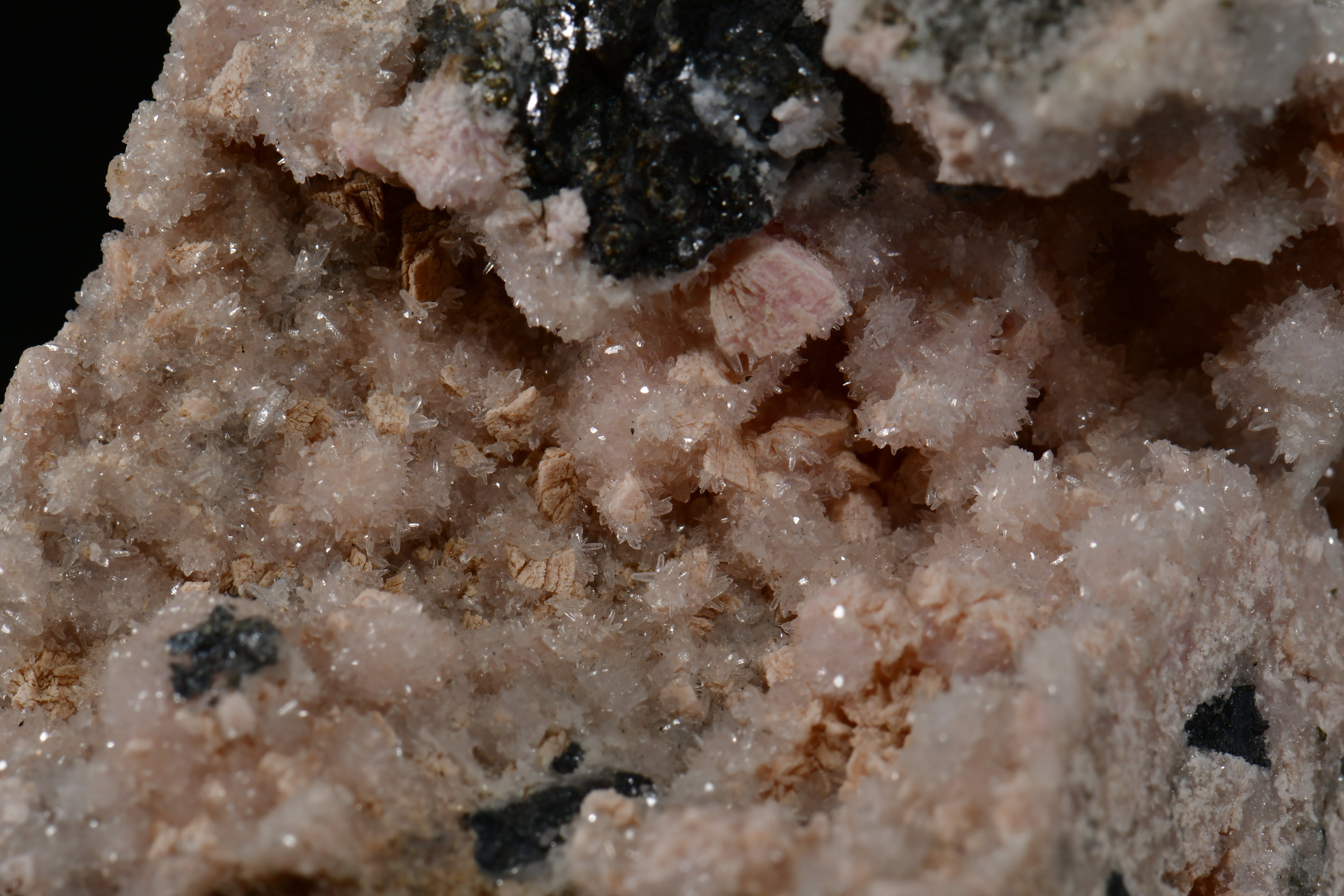 RHODOCHROSITE associated with PYRITE, QUARTZ (small cabinet)