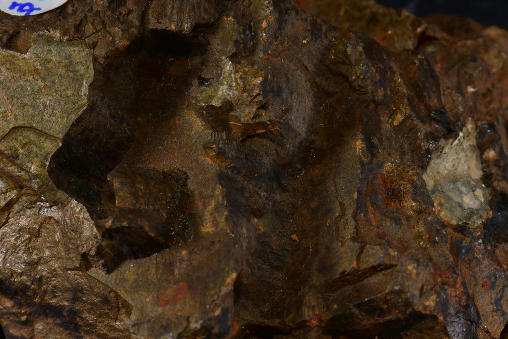 Dark mineral specimen with earthy textures and subtle green hues