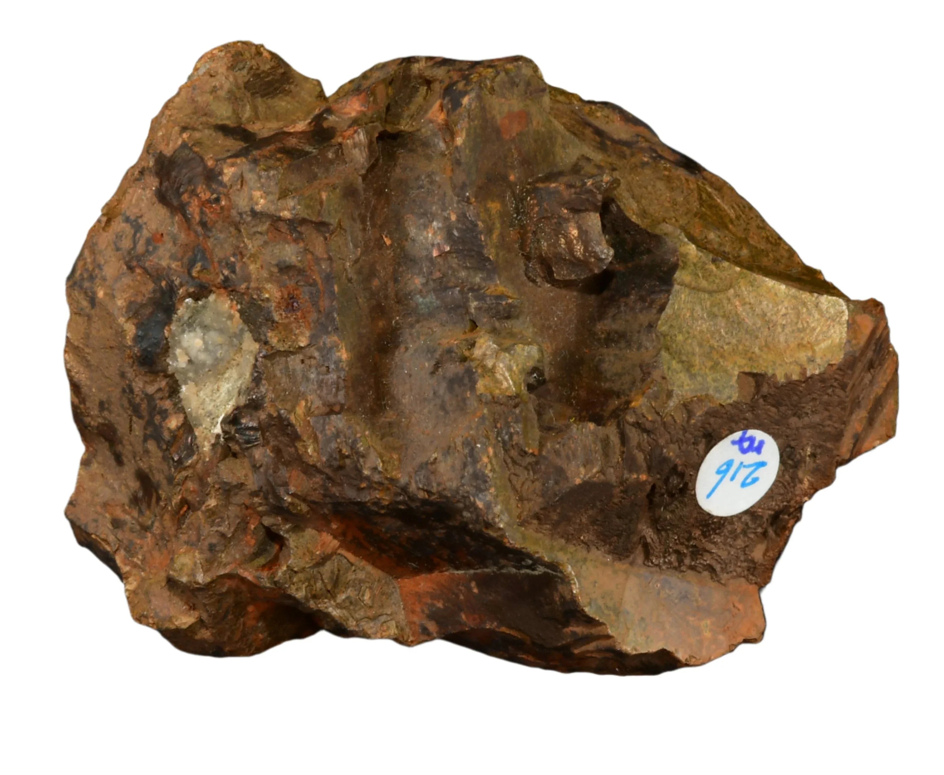 Chalcopyrite mineral specimen with golden-brown metallic luster, rough natural matrix, collector label 216