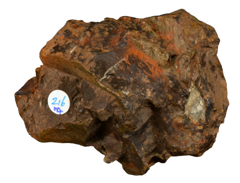 Rough mineral specimen with earthy brown and orange hues, labeled 216, ideal for collectors and geological study.