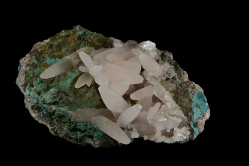Pseudomorph after Pyrite on Chalcopyrite, Mexico - white crystal clusters on green matrix