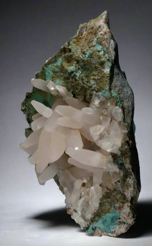 Calcite on Malachite specimen from Tsumeb, Namibia - mineral crystal cluster with green matrix