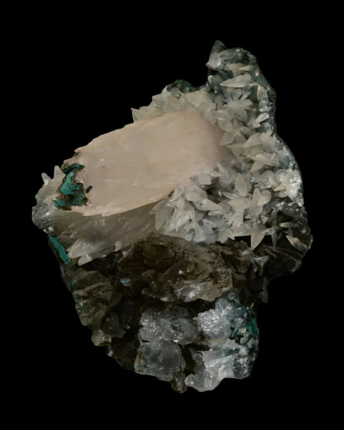 Calcite on Malachite mineral specimen with sharp crystals and green matrix
