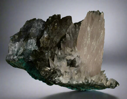 Quartz crystal cluster with green matrix, mineral specimen for collectors
