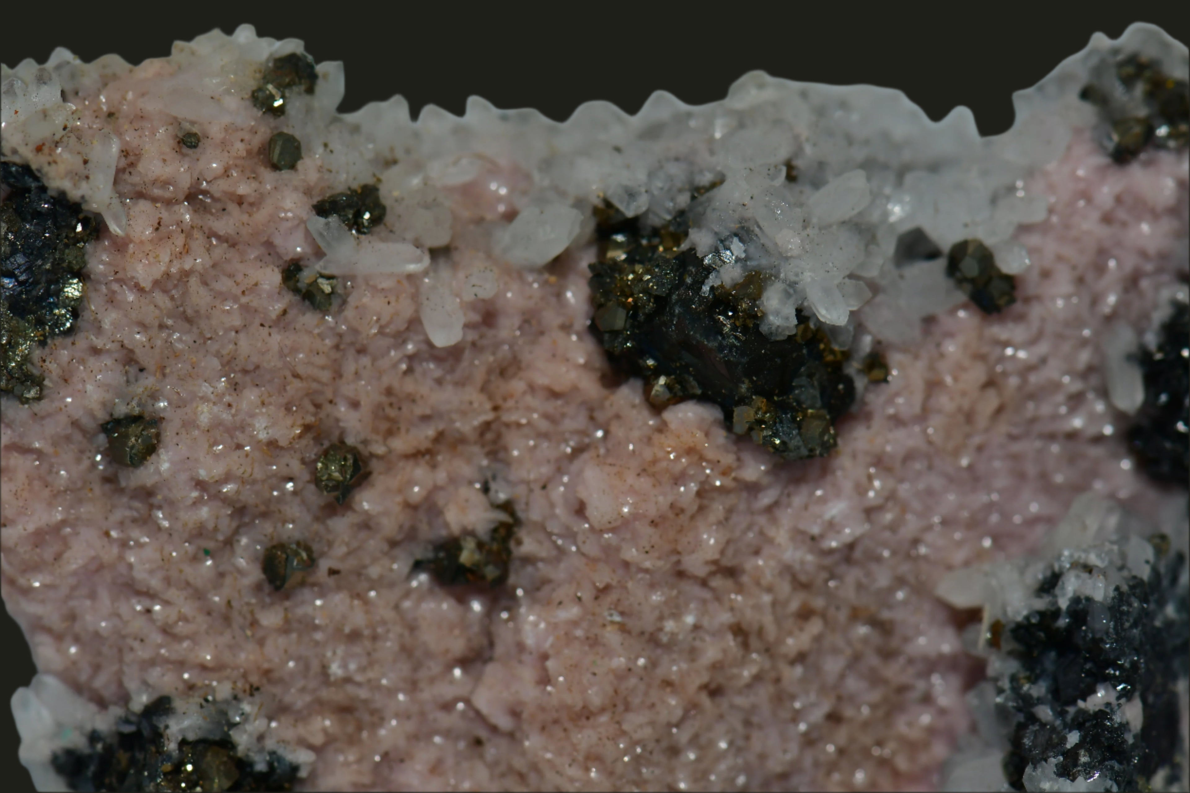 RHODOCHROSITE, QUARTZ, CHALCOPYRITE COMBO (miniature)