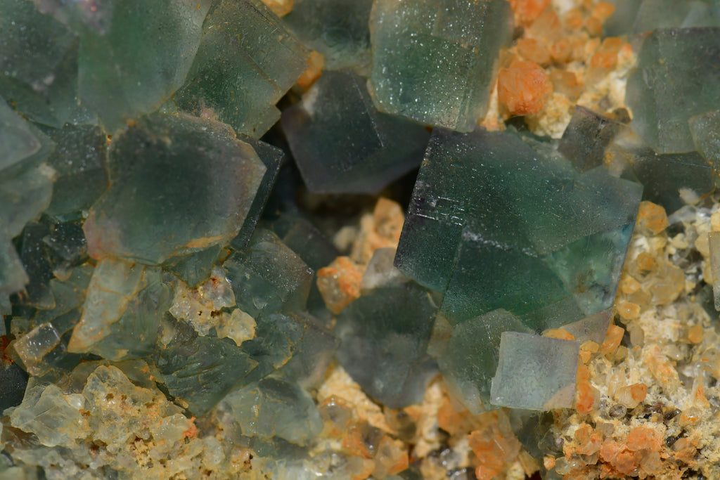 FLUORITE (BI-COLOR, perfect crystals) QUARTZ & CALCITE (cabinet)
