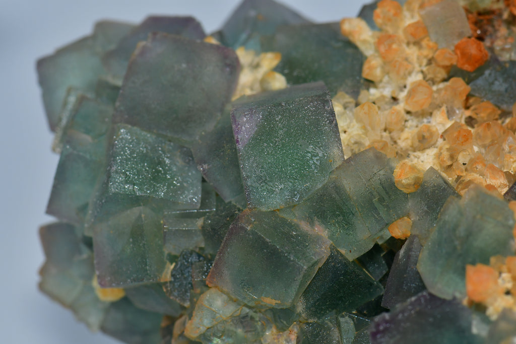FLUORITE (BI-COLOR, perfect crystals) QUARTZ & CALCITE (cabinet)