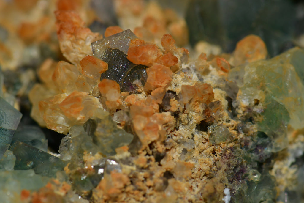 FLUORITE (BI-COLOR, perfect crystals) QUARTZ & CALCITE (cabinet)