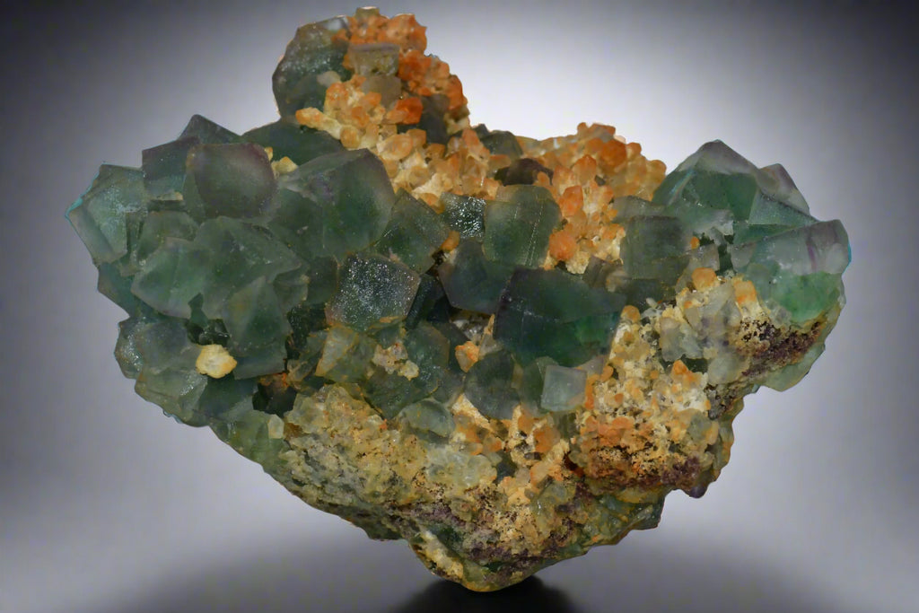 FLUORITE (BI-COLOR, perfect crystals) QUARTZ & CALCITE (cabinet)