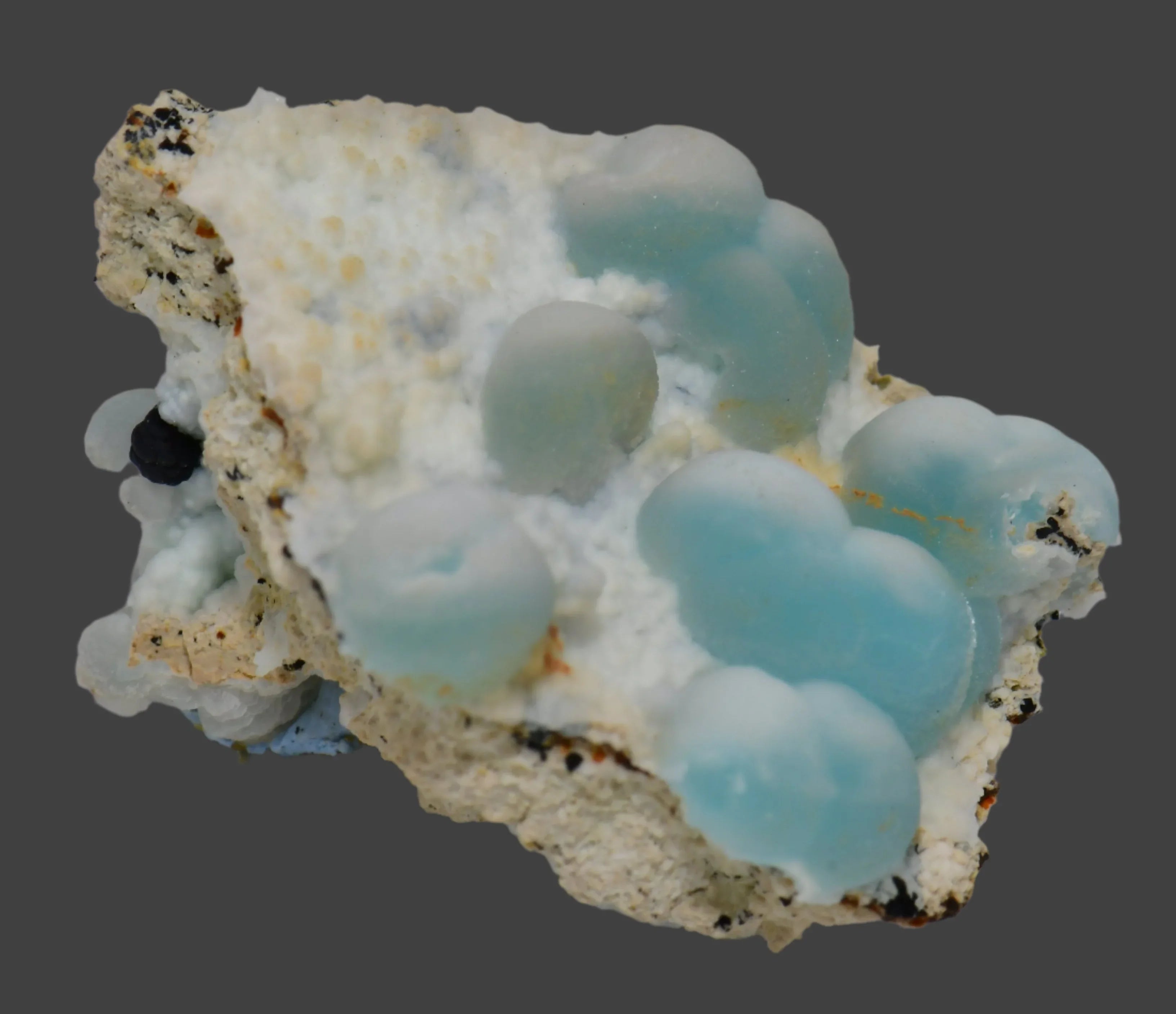 Smithsonite with blue botryoidal formations on white matrix, mineral specimen
