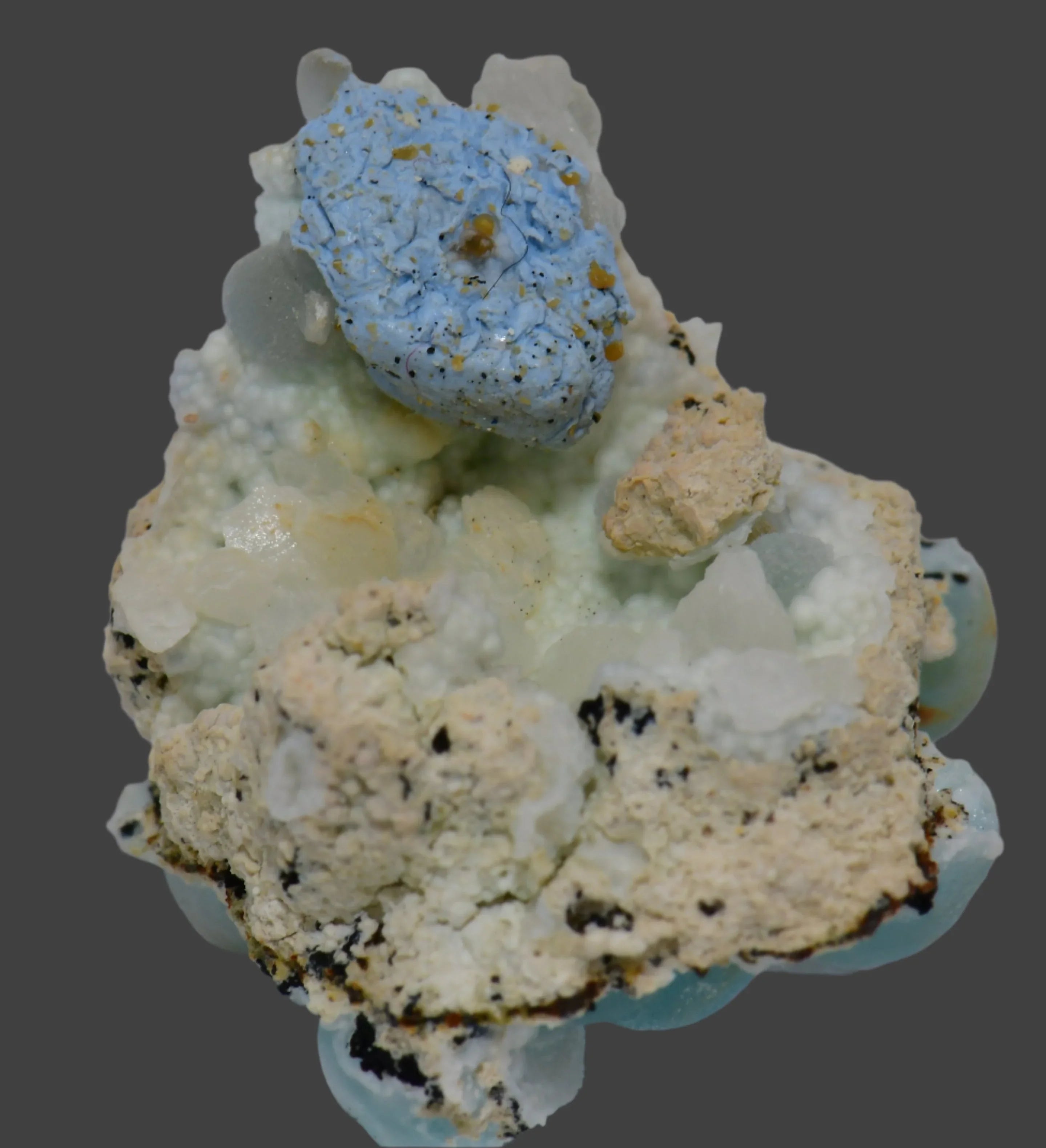 Blue calcite with yellow inclusions on white matrix, mineral specimen for collectors