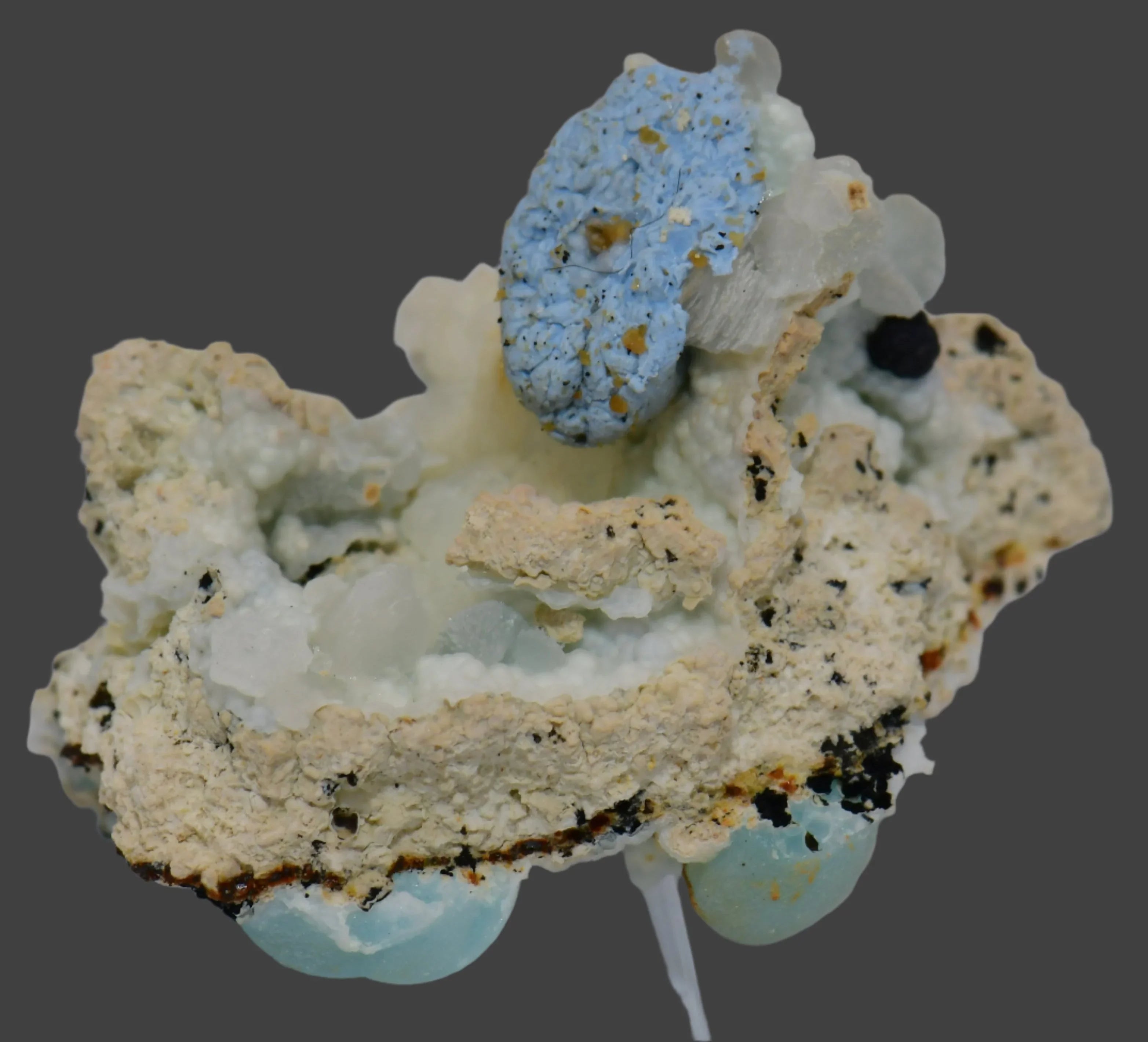 Blue botryoidal mineral specimen with white matrix and translucent crystals, mineral collection