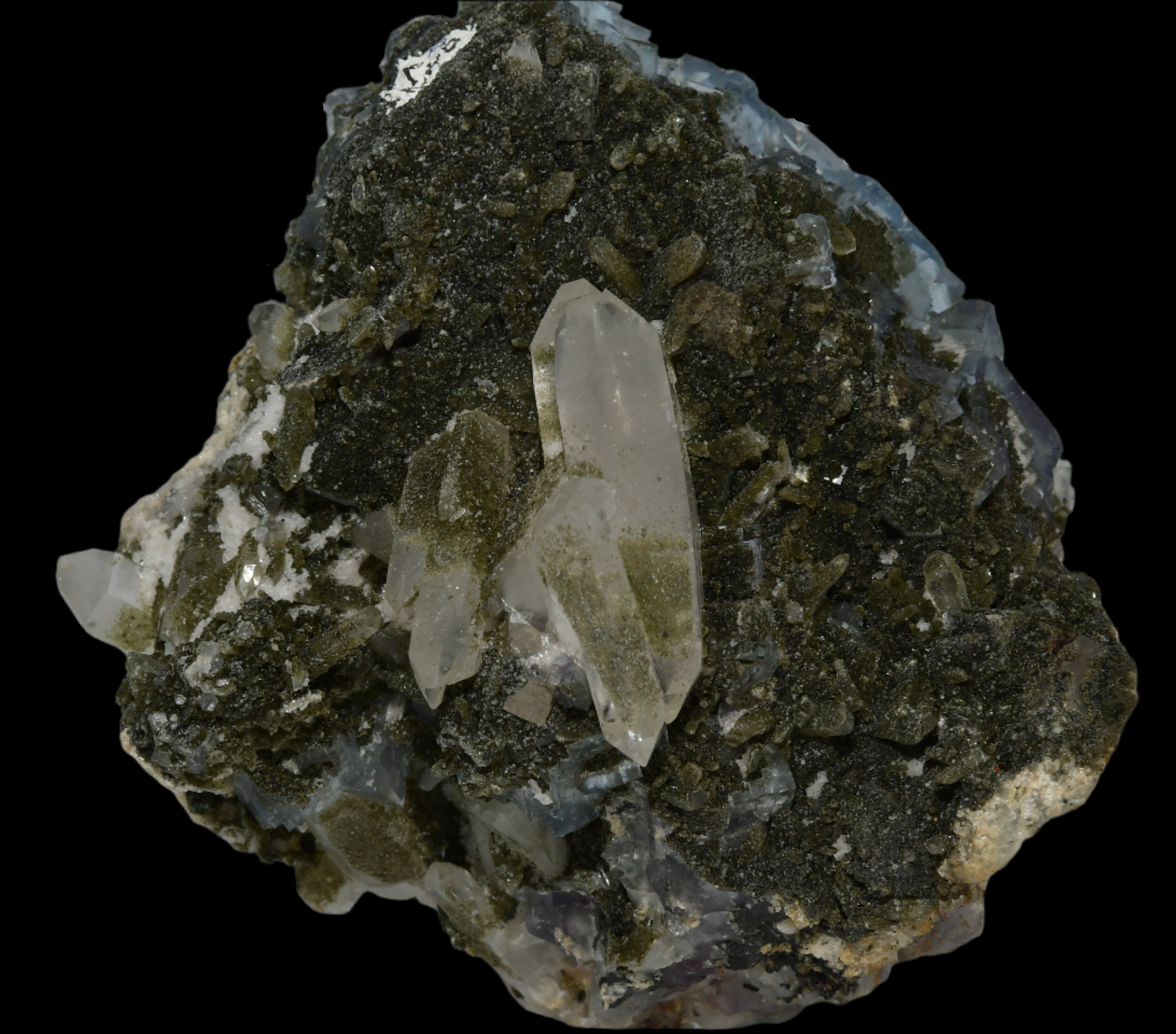FLUORITE (BLUE) WITH QUARTZ AND BIOTITE (cabinet)