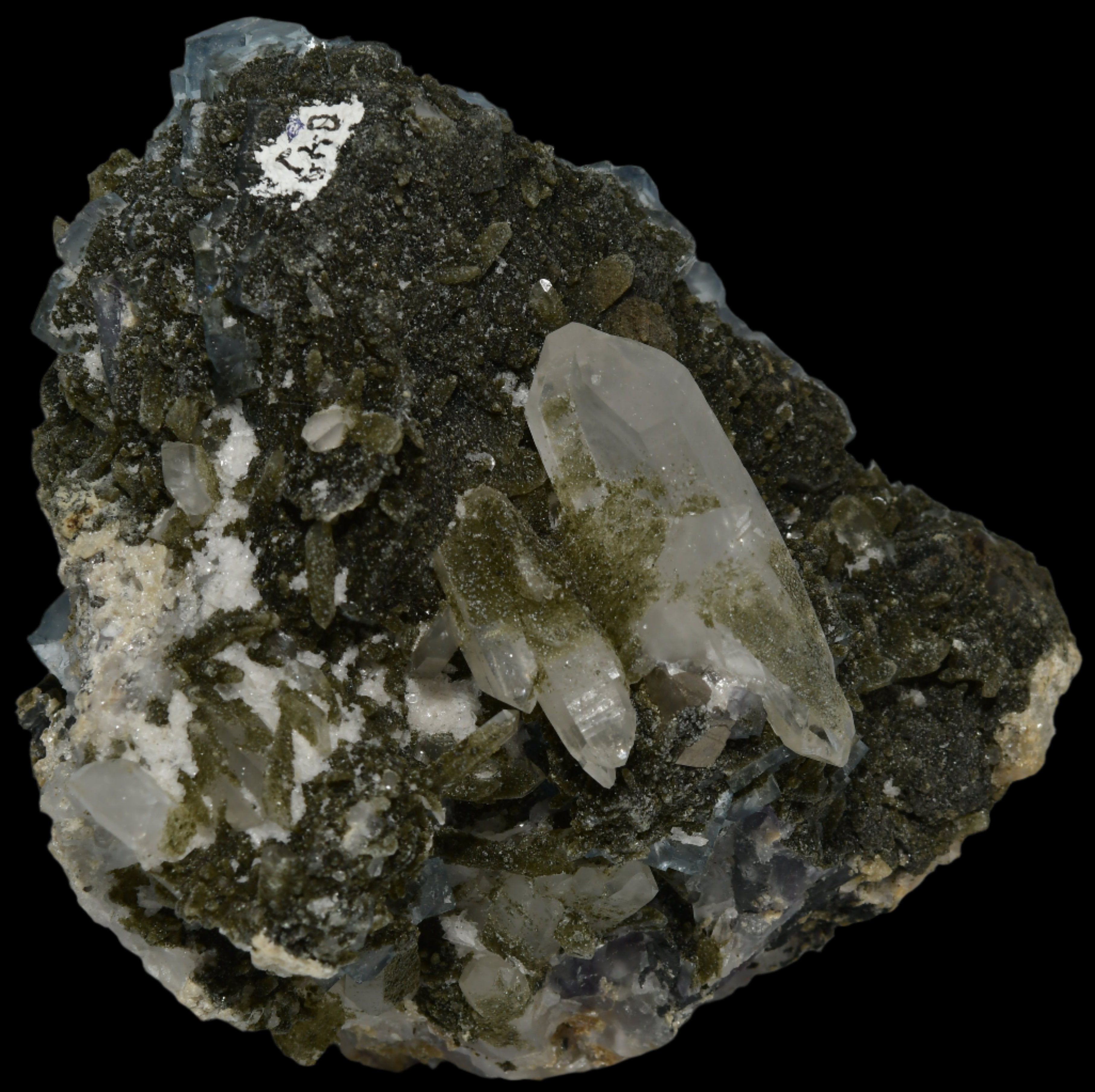 FLUORITE (BLUE) WITH QUARTZ AND BIOTITE (cabinet)