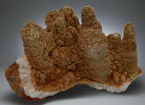 Vanadinite on Barite from Morocco, earthy brown crystals on white matrix, mineral specimen for collectors