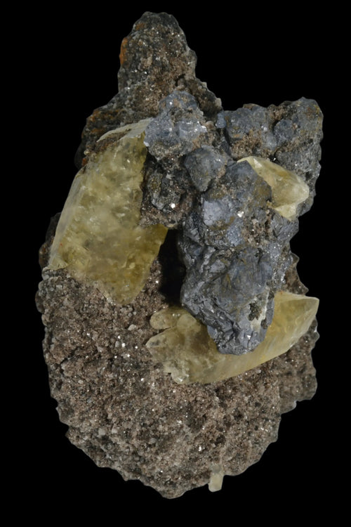 Fluorite and Galena mineral specimen with yellow crystals on matrix, classic locality specimen for collectors