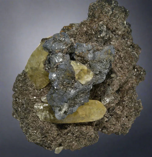 Galena with Fluorite from Missouri, USA - mineral specimen with metallic gray and yellow crystals