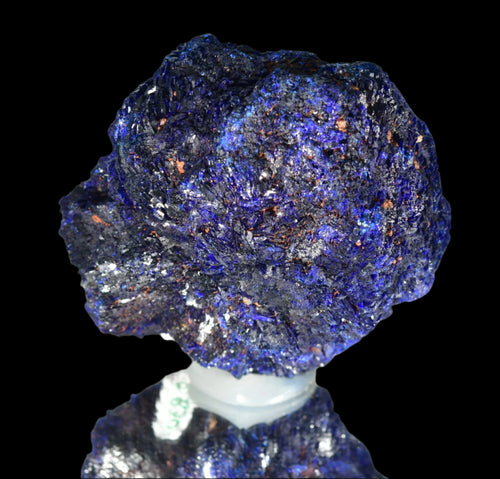 Azurite mineral specimen with vibrant blue crystals, displayed on white stand against black background