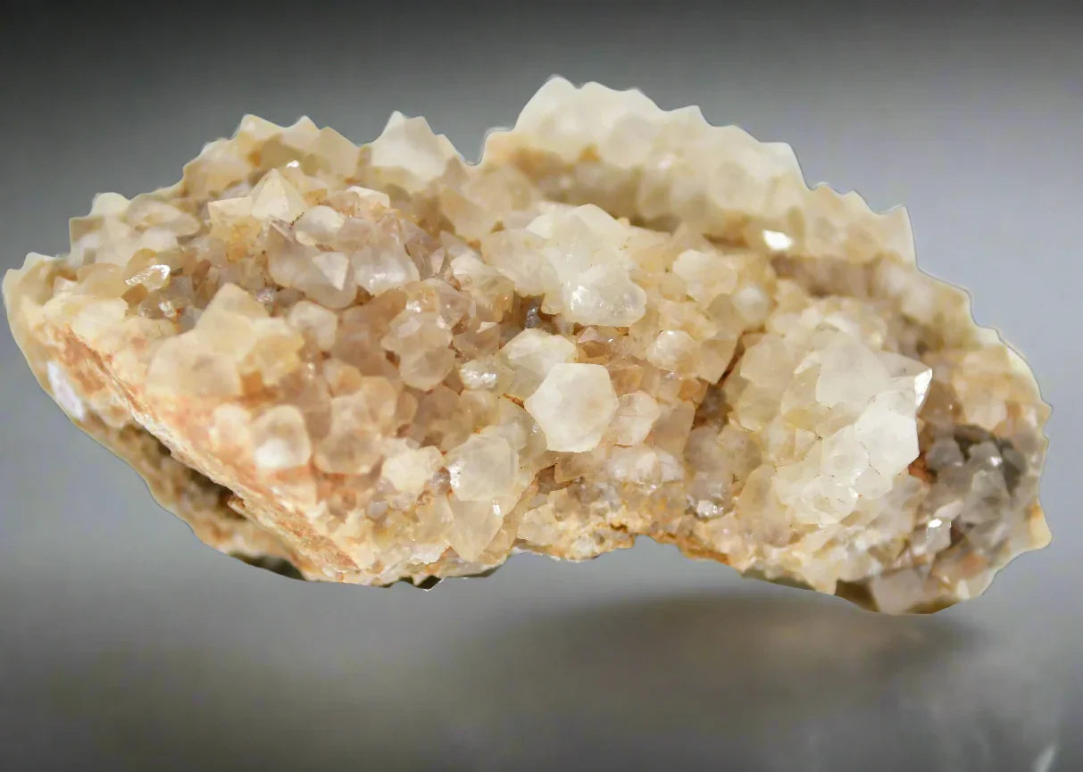 Calcite crystals from Elmwood Mine, Tennessee, showcasing clustered white to pale yellow mineral specimens