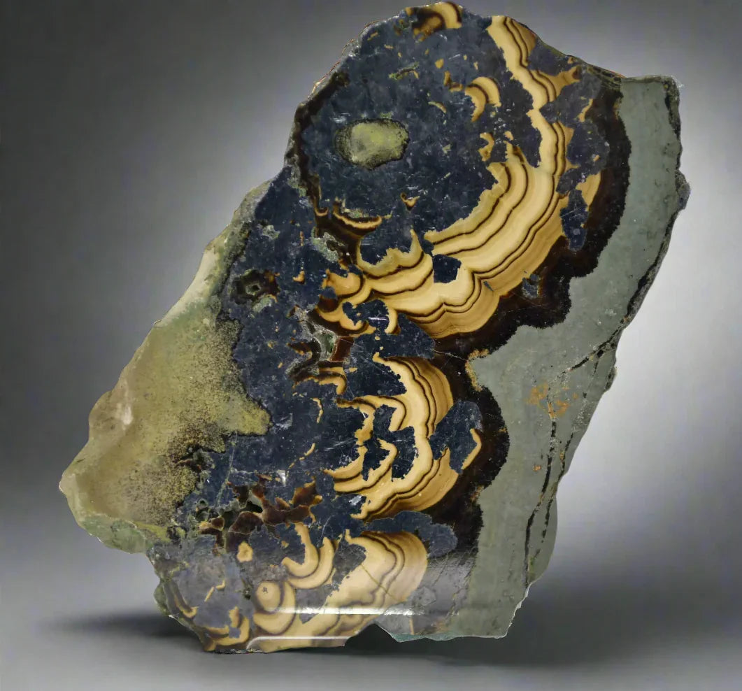 Banded Agate with striking yellow and dark blue layers, natural mineral specimen
