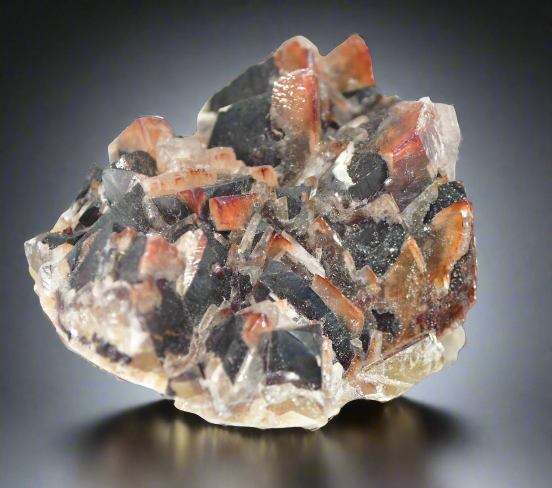 FLUORITE (RED HEMATITE PHANTOM FLUORITE) OVER DARK REDDISH FLUORITE (large cabinet)