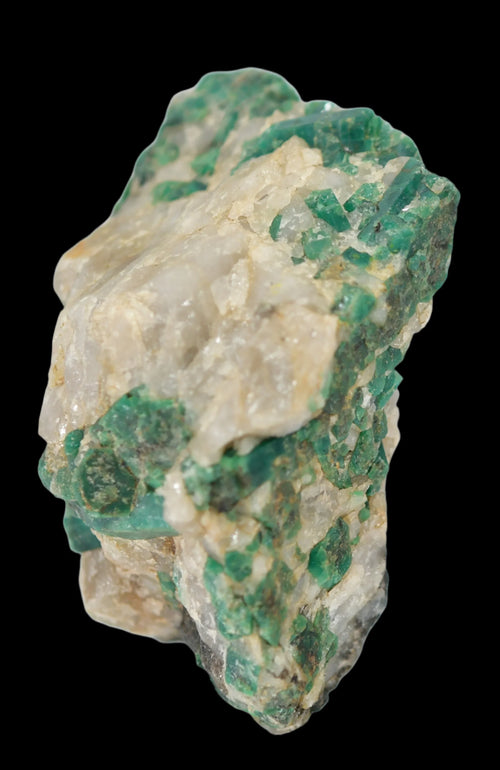 Emerald crystal specimen with matrix, showcasing vibrant green gemstones embedded in white rock, ideal for mineral collectors.